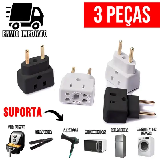 Kit 3 Adaptador de Tomada Ultra Resistente Porcelana para Secador Air Fryer Benjamin Bivolt 10A 20A