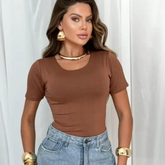 Body feminino Manga Curta Suplex Forro Duplo Gola Redonda Roupa Feminina Bory Alta Elasticidade