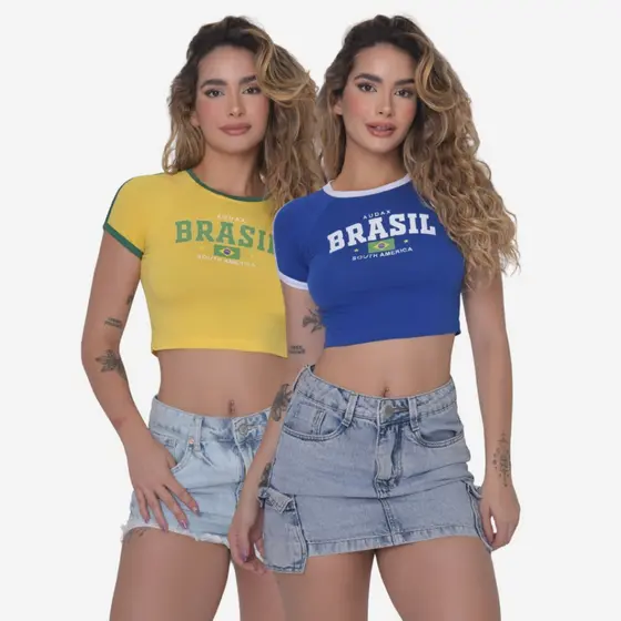 Cropped Brasil Feminino Baby Look Copa do Mundo Camiseta Praia Rio de Janeiro Blusa de Strass Core