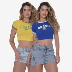 Cropped Brasil Feminino Baby Look Copa do Mundo Camiseta Praia Rio de Janeiro Blusa de Strass Core