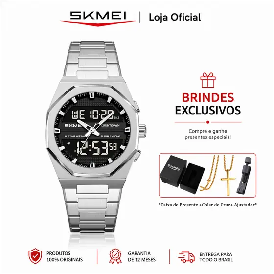 SKMEI 2624 Relógio Masculino Digital Esportivo Multifuncional Cronômetro Luz LED 3ATM Resistente à Água