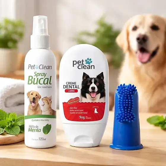 Pet Clean Pasta de Dente + Spray Bucal + Dedeira para Cachorros e Gatos Previne Mau Hálito