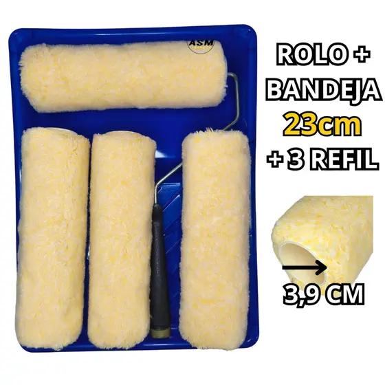 Rolo de Fibra Macia 23cm + Bandeja + 3, 2 ou 1Refil Conjunto Completo para Pintura