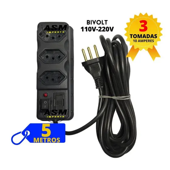 Filtro de Linha Régua elétrica 3 Tomadas Cabo 5 Metros de fio Fusível 110v-220v Bivolt