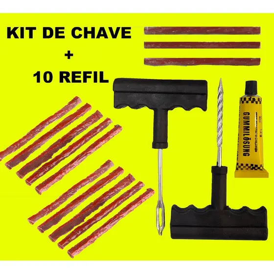KIT DE REPARO DE PNEU SEM CÂMARA KIT DE CHAVES + 10 REFIL MODELO MACARRÃO PARA MOTO E CARRO  Envio Veloz