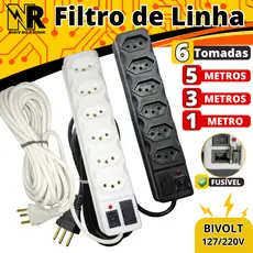 Régua de tomadas com 6 tomadas 0,90cm, 3 e 5 METROS filtro de linha PRETO E BRANCO bivolt proteção