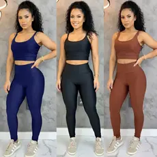 Conjunto Top e Calça Fitness Feminino Legging Suplex Cós Alto Zero Transparência Cintura Alta