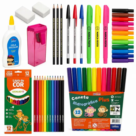 Kit Material Escolar Completo Infantil Volta as Aulas Lápis de Cor Canetinhas Bic Apontador Cola Marca Texto Borracha