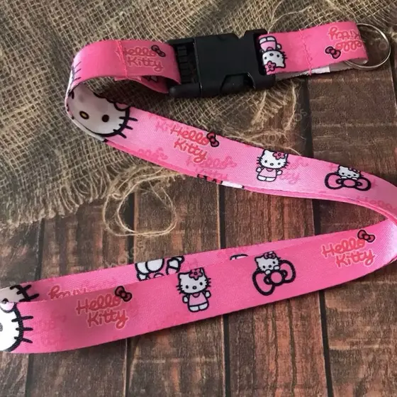 Chaveiro Cordão Hello Kitty Rosa Tirante Moto Pescoço Fecho Engate Rápido Crachá Chave