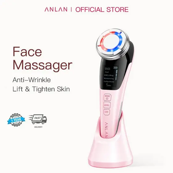 ANLAN EMS Terapia De Luz LED Massagem Facial Vibração Sônica Removedor De Rugas lon Fóton Quente Fresco Rosa