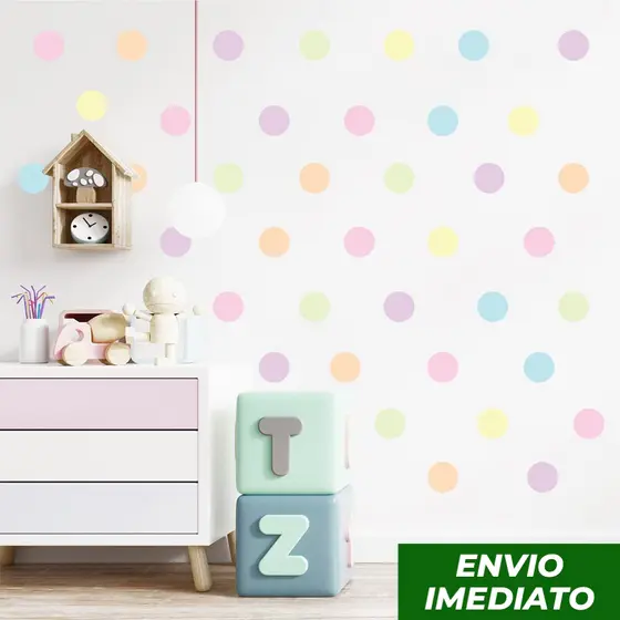 Adesivo de Parede Bolinha 4cm 250 Und Cores Pasteis Decoração