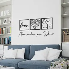 3 Quadros Love Coração Geométrico Amor + Frase de Parede Abençoados por Deus