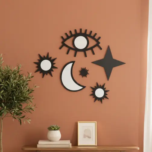 Conjunto Místico 6 Peças Espelhos Acrílico Decorativo Celestial com Moldura MDF Preto