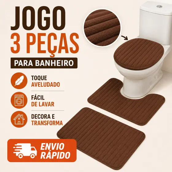 Kit 3 Peças Tapete Banheiro Aveludado Canelado Antiderrapante Premium Luxo