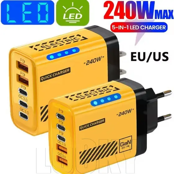 5 Em 1 240W 2USB + 3PD Cabeça De Carregamento Rápido-Carregador USB PD De 5 Portas-Adaptador De Energia De Mesa Com Luz