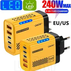 5 Em 1 240W 2USB + 3PD Cabeça De Carregamento Rápido-Carregador USB PD De 5 Portas-Adaptador De Energia De Mesa Com Luz