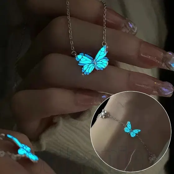 Conjunto De Pulseira De Strass Com Colar De Borboleta Luminosa Azul De 1/2 Unidades-Gargantilha Feminina Que Brilha No E