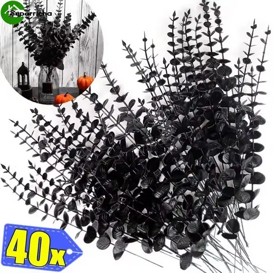 10/20/40 Unidades Halloween 38 Cm Ramo De Eucalipto Artificial Preto-Ornamento De Folhas De Pano De-Planta Artesanato DI