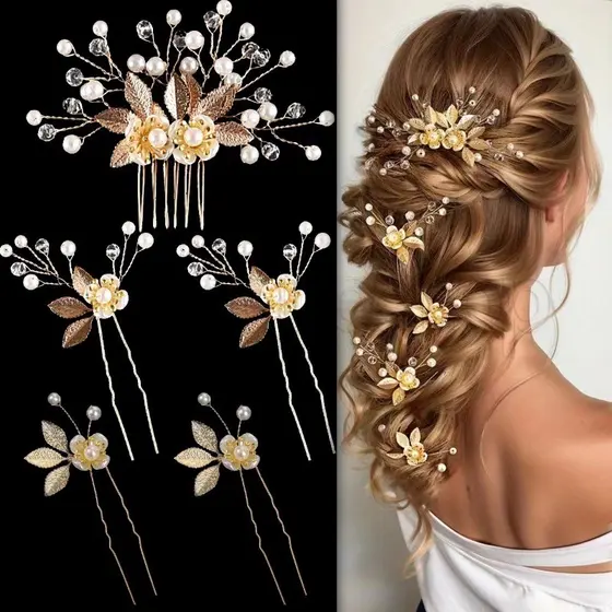 [Destaque] Conjunto De Pente De Flor De Cristal – Grampo De Cabelo Com Enfeite De Pérola Em Forma De U Chapéus De Noiva