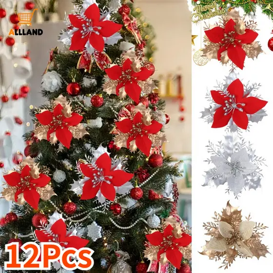 12Pcs Flores De Natal-Artificiais Brilhantes Penduradas Na Árvore Festa De Ano Novo Decoração De Casa Presente