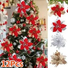 12Pcs Flores De Natal-Artificiais Brilhantes Penduradas Na Árvore Festa De Ano Novo Decoração De Casa Presente