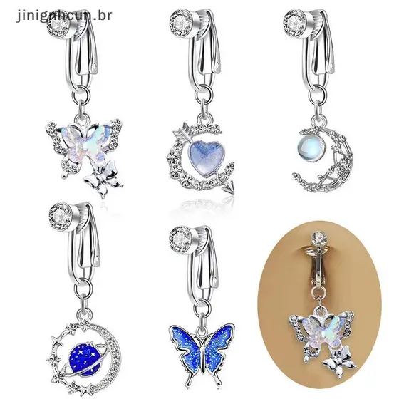 jinignhcun Anel De Barriga Falso Pendurado Anéis De Umbigo Feminino Borboleta Coração Lua Clipe No Não Piercing Jóias BR