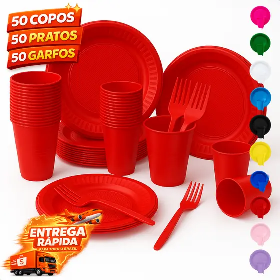 Kit Descartável 150 Itens para ate 50 Pessoas Pratos Copos Garfos Para Aniversario Comemoracoes
