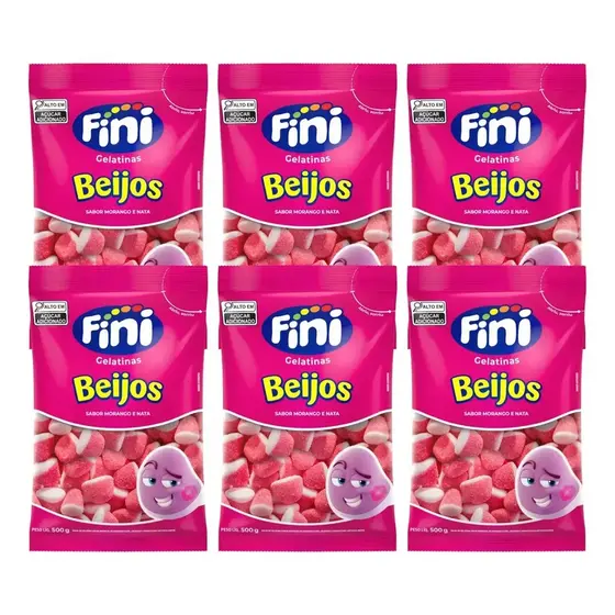 Fini Beijos Gelatina Morango E Nata 80g - Kit Com 6 Unidades