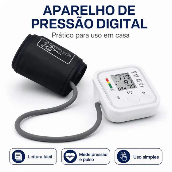 Aparelho de Pressão Arterial Digital de Braço Automático, Monitor de Pressão com Tela Grande