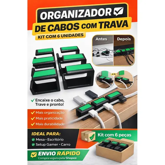 Organizador de Cabos e Fios com com fita dupla face esconde cabos