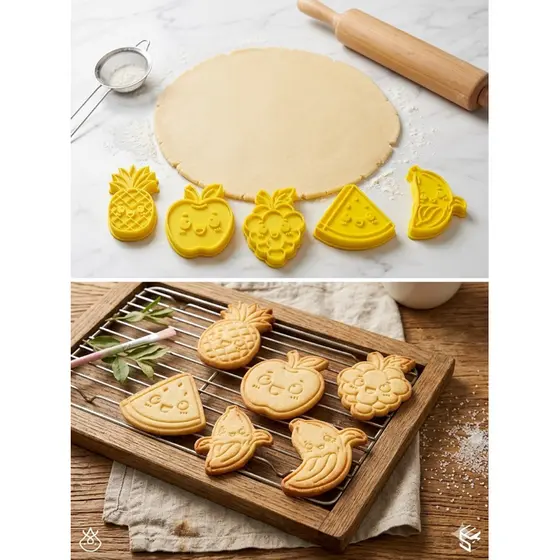 Kit 5 Cortadores de Biscoito 3D Frutas Kawaii com Carimbo Marcador 5,5cm a 6cm – Molde para Confeitaria, Pasta Americana