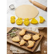 Kit 5 Cortadores de Biscoito 3D Frutas Kawaii com Carimbo Marcador 5,5cm a 6cm – Molde para Confeitaria, Pasta Americana