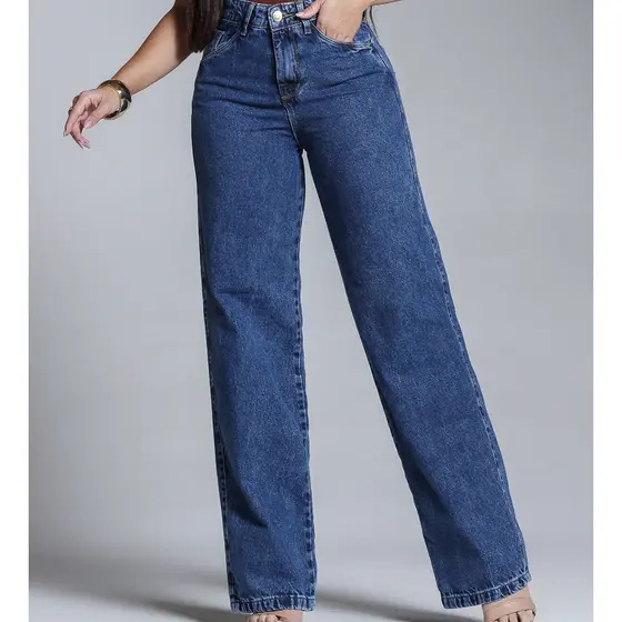 Calça Feminina Wide Leg Marmorizada Jeans Cintura Alta 100% Algodão