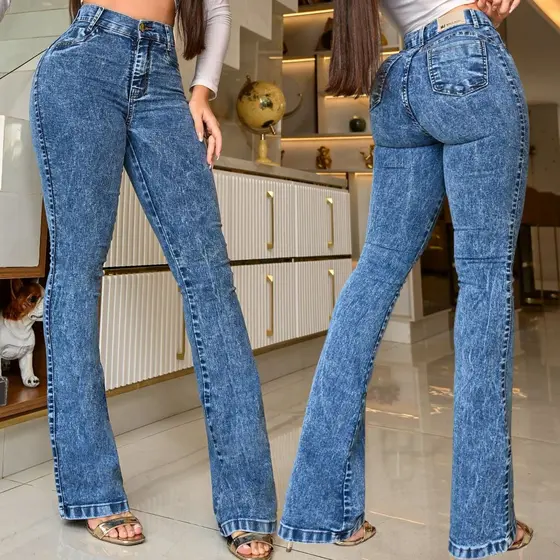 Calça Jeans Feminina Flare Marmorizada Jeans Cintura Alta Empina Bumbum Elastano Lycra