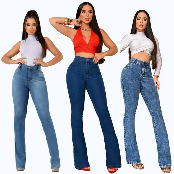 Kit 3 Calças Jeans Flare Cintura Alta Levanta Bumbum Com Elastano Lycra