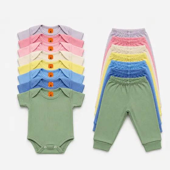 Kit 10 Peças Enxoval Infantil Roupa de Bebê Body Manga Curta e Mijão Canelado Menino Menina