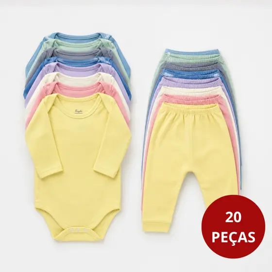 Kit 20 Peças Enxoval Infantil Roupa de Bebê Body Manga Longa e Mijão Canelado Menino Menina