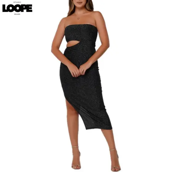 Vestido Lurex Tomara que Caia com Fenda Lateral e Recorte Brilhoso Midi