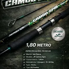 Vara Camou Spin 2 partes - Vara de Pesca 1,80m com Fibra de Vidro e Metal de Alta Resistência 15-30 Ib