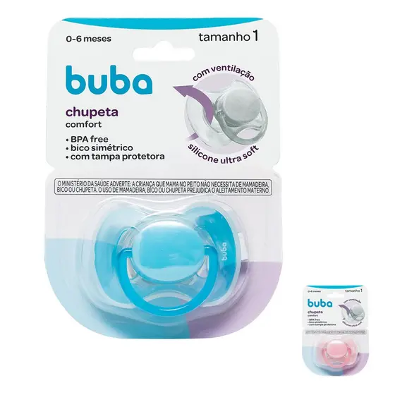Chupeta Comfort c/ Tampa Protetora Bico Simetrico Fase 1 Azul Rosa Buba