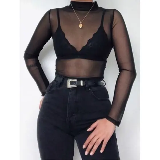 Body Tule Feminino Transparente Manga Longa Com Gola Alta