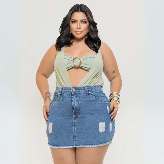 saia jeans feminina plus size c/ lycra destroyed barra desfiada moda feminina