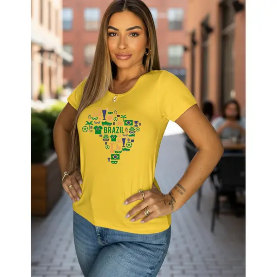Blusa Feminina Gola Careca Manga Curta Tshirt Basica Blusinha Copa do mundo Mapa Brasil