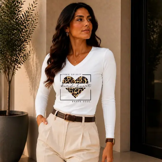 Blusa de Frio Feminina Estampada Kind Heart Gola V Manga Longa Casual, Inverno