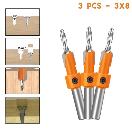 Kit 3 Broca Rebaixo Escareador Parafuso Madeira / Compensado Com Limitador 3x8