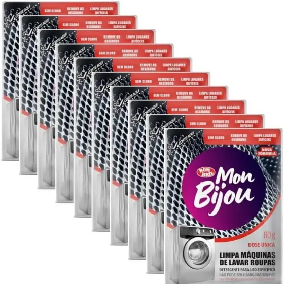 Kit com 10 unid - Mon Bijou Limpa Máquinas Lavar Roupa Frontal e Abertura Superior 80g Combate ao Maus Odores