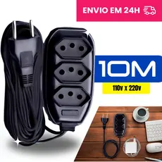 Extensão elétrica 10 Metros 110/220v Bivolt Tripolar Cor Preta Durável Resistente