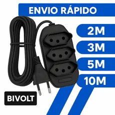 Extensão Elétrica  2, 3, 5, 10 (METROS) Bivolt - Tomadas Tripolares Preta Durável Resistente