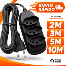 Extensão Elétrica 10, 5, 3, 2 Metros - BIVOLT 110/220 10A Tomada Tripolares Resistente Preta Durável