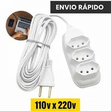 Extensão Elétrica Tripolar 10A Bivolt – 2m / 3m / 5m / 10m BRANCA Durável Resistente